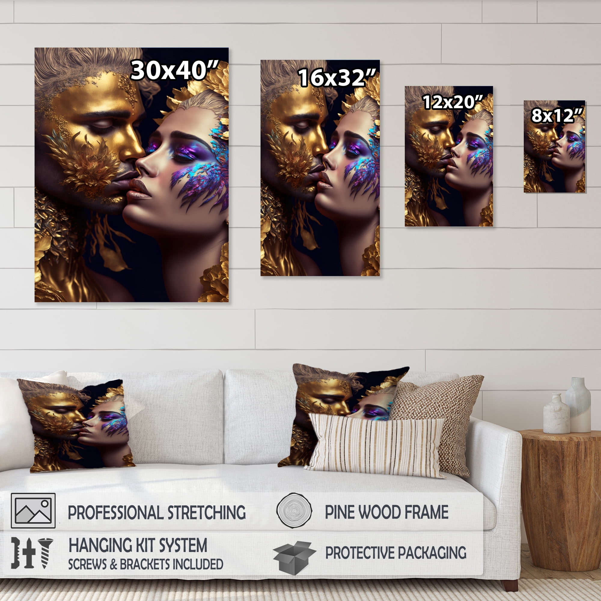 Designart Black And Gold Couple Kissing Art III Canvas Wall Art