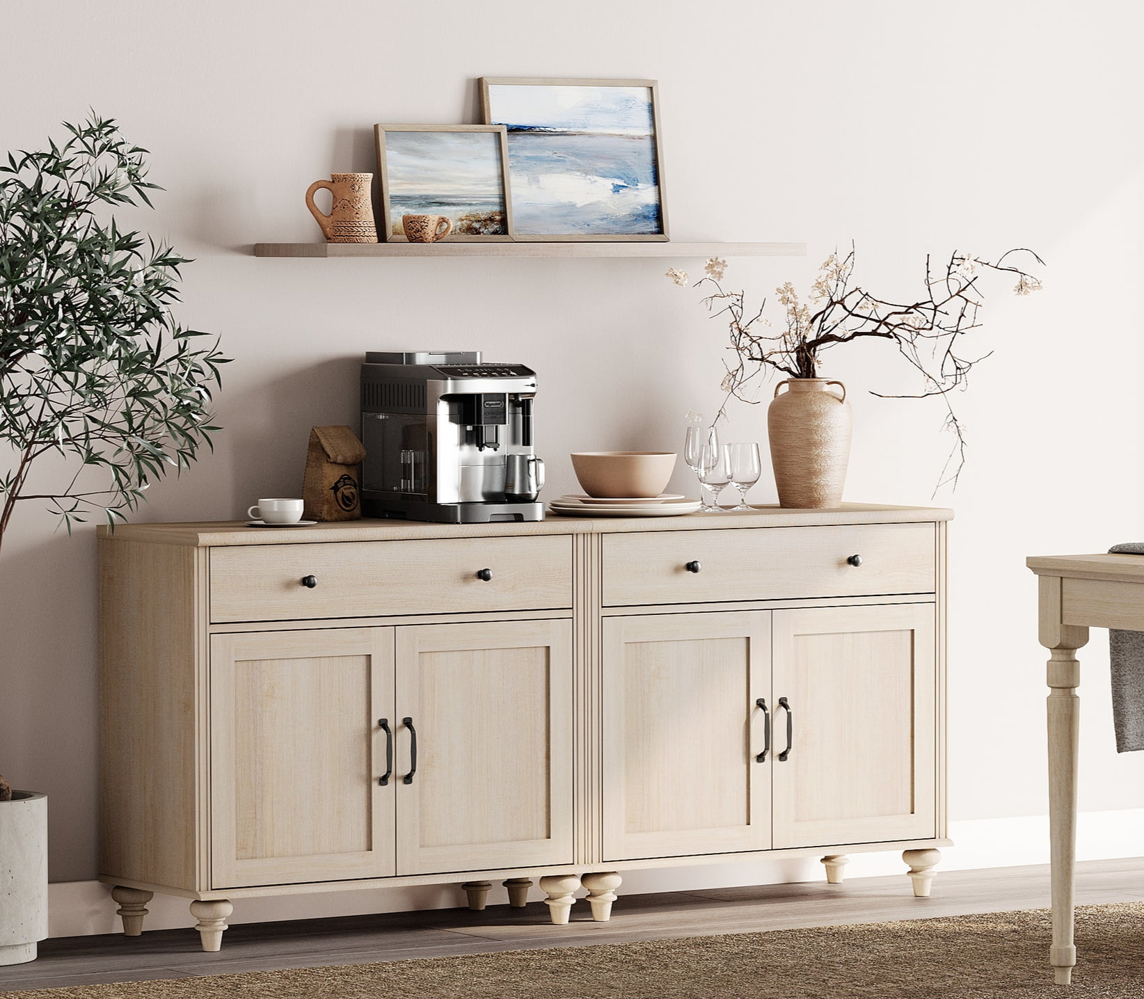 Credenzas & Sideboards with 4 Doors and 2 Drawers, Large Buffet Cabinet Wood Kitchen Storage Cabinets, Modern Farmhouse Sideboard Credenza for Dining Room, Beige, 68 inch