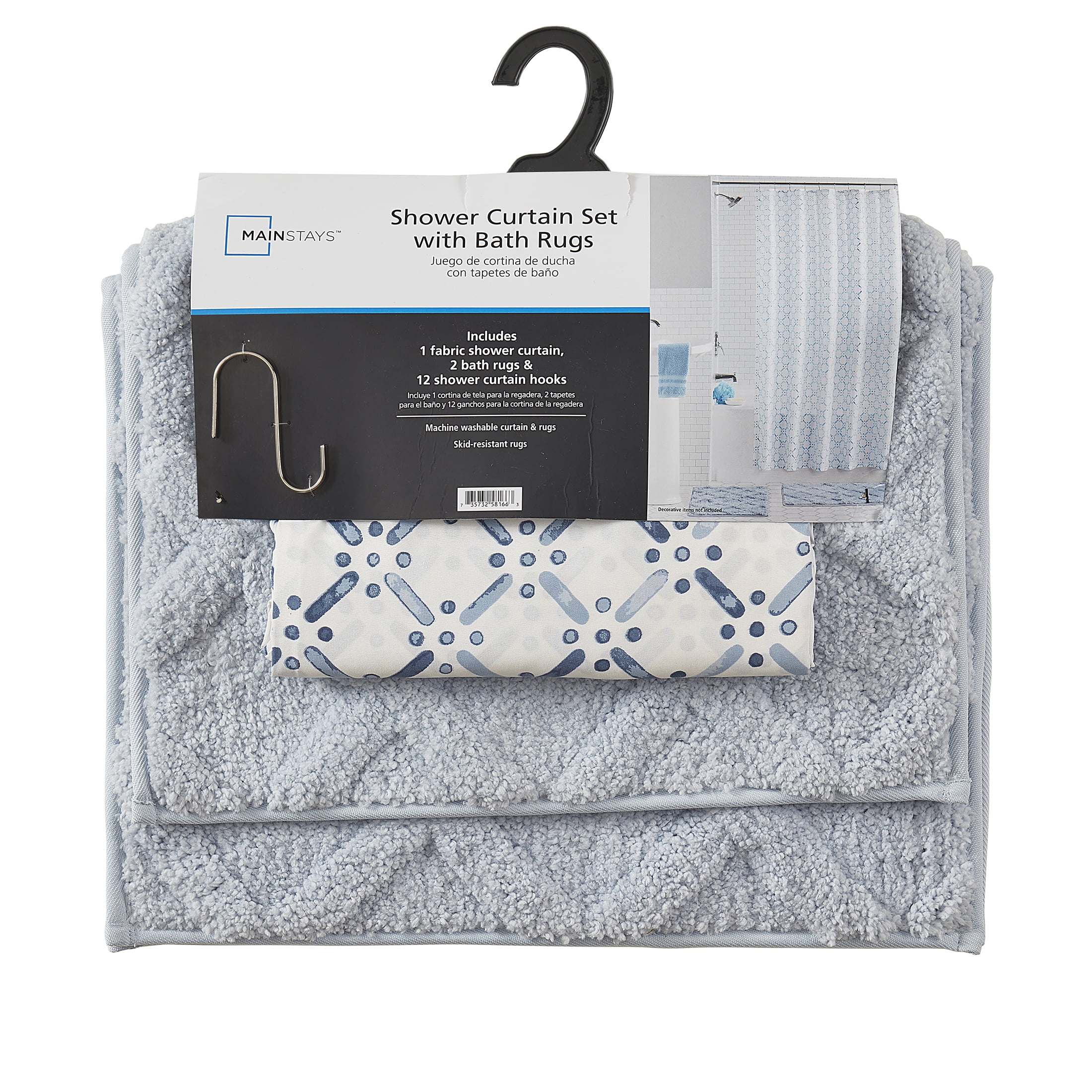 Mainstays 15-Piece Blue & White Diamond Bathroom Set – Shower Curtain, Bath Rugs & Hooks, Stylish Polyester Decor