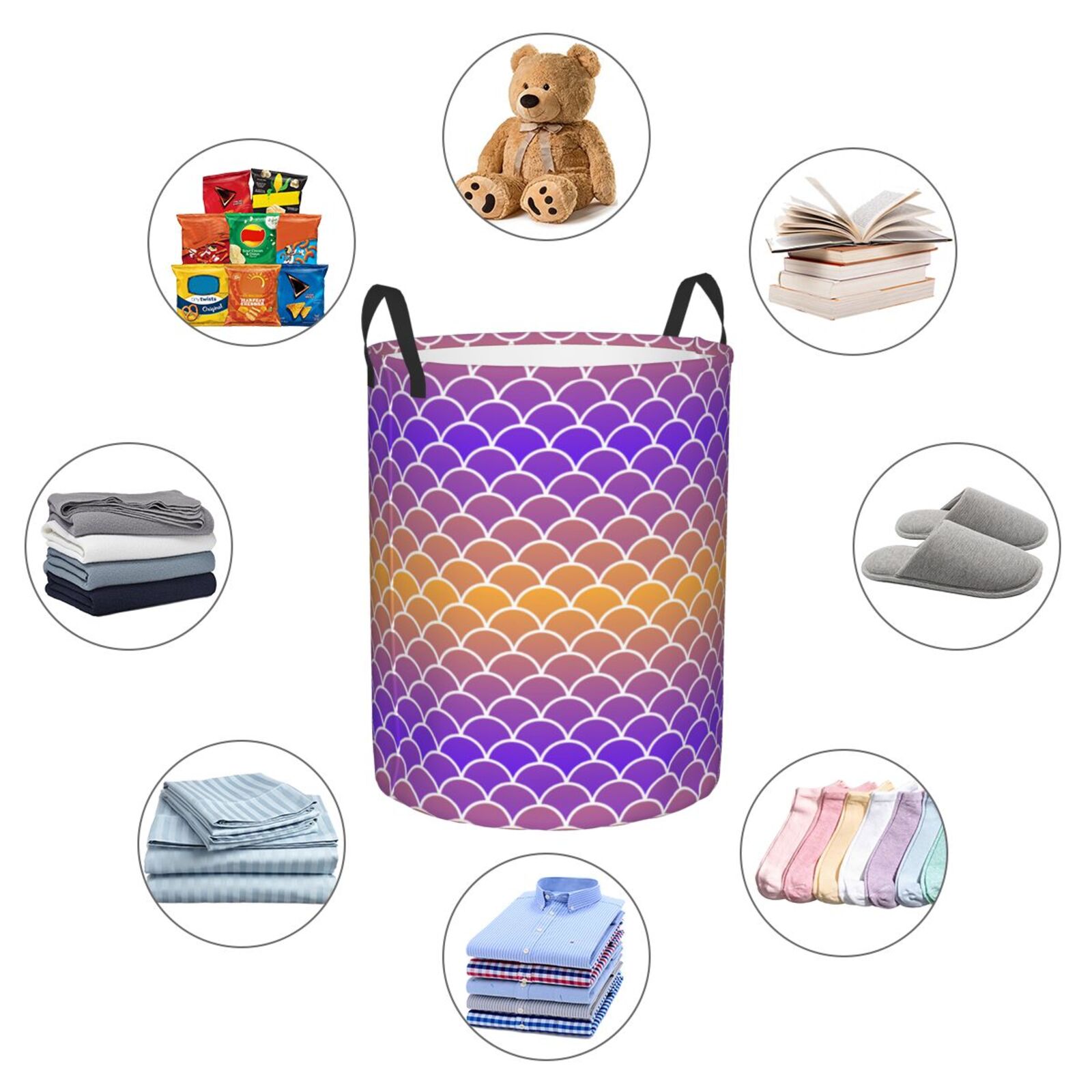 Large Laundry Basket with Handles - purple orange fish scale Kids Baby Dirty Clothes Laundry Hamper for Bedroom Aesthetic