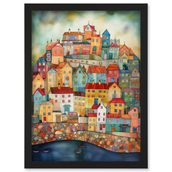 Home By The Sea Folk Art Artwork Framed Wall Art Print A4