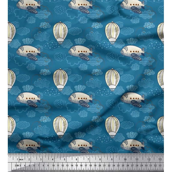 Soimoi Rayon Crepe Fabric Clouds,Airplane & Hot Air Balloon Holiday Printed Craft Fabric by The Yard 46 Inch Wide
