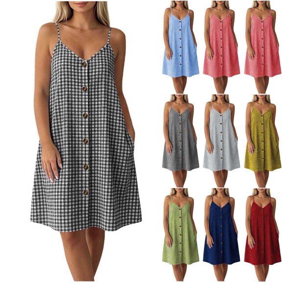 FchengtaiS Women's Plaid Button Down Dress Sleeveless V Neck Mini Dresses Summer Vacation Spaghetti Strap Gingham Dress