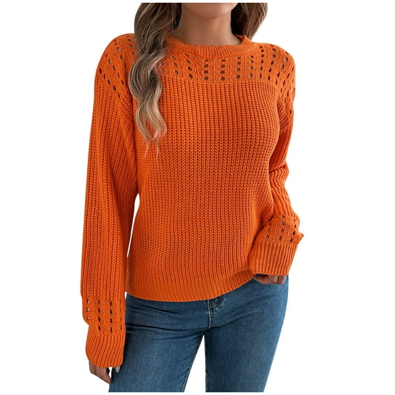 Scyoekwg Fall Hollow Out Sweaters for Women Fashion Casual Crew Neck Long Sleeve Crochet Pullover Tops Loose Comfy Sweater (Orange,XL)