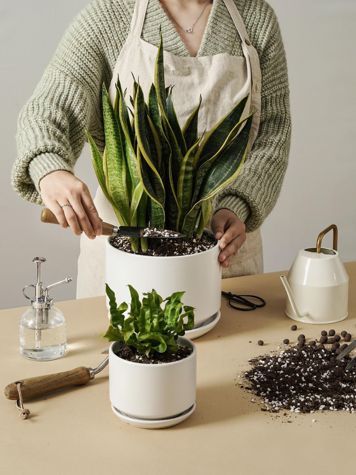 BEMAY Set of 2 Ceramic Plant Pots, 8" & 10" White Indoor Planters with Drainage Holes & Saucers, Flower Pots for Succulents
