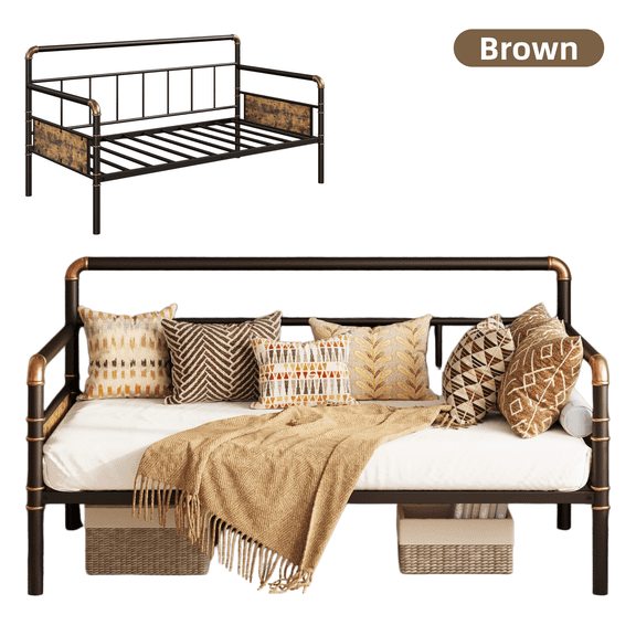 Twin Daybed, Metal Twin Bed Frame Heavy Duty Steel Slats Support, Sofa Bed Frame for Living Room, Guest Room, Noise Free - Brown