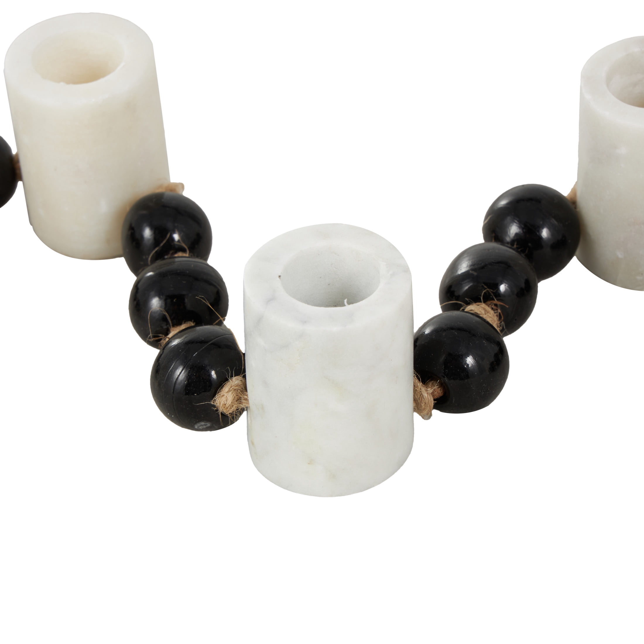 DecMode 5 Candle White Marble Round Garland Candle Holder with Brown Tassel and Black Beads