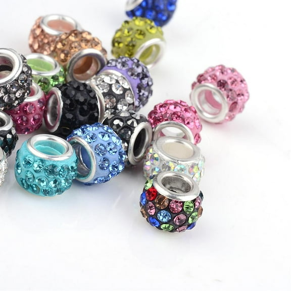 100 pc Polymer Clay Rhinestone European Beads Large Hole Beads Rondelle with Silver Color Plated Brass Cores Mixed Color 10~12x7~8mm Hole: 5mm