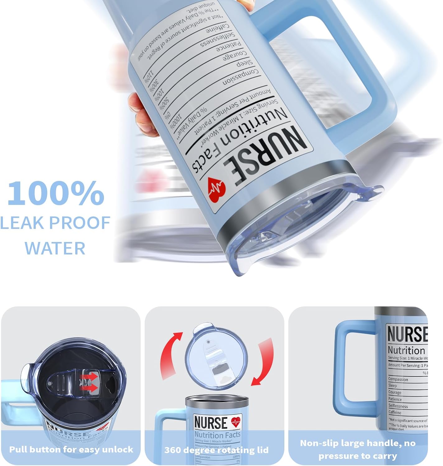 40oz Nurse Gift Tumbler with Handle & Straw - Insulated Stainless Steel Water Bottle, Blue - Appreciation Gifts for Nursing Graduation, Nurse Week (Practitioner, RN, Student)