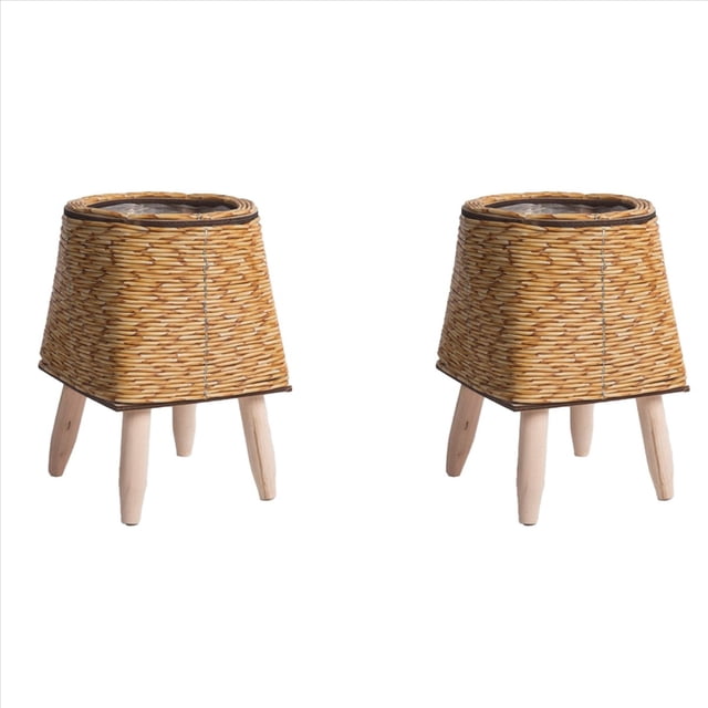 2X Macetas de Estante de Flores Tejidas de Ratán de Imitación Vintage, Cesta de Almacenamiento Hecha una Mano con Patas de Madera, Soporte para Maceta, C