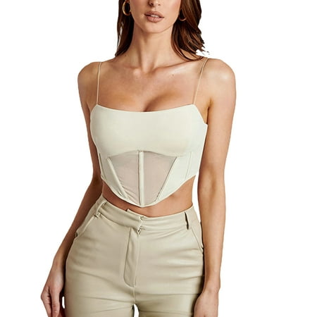 

Canrulo Women Backless Spaghetti Straps Camisole Lingerie Punk Vintage Bustier Crop Top Corsets Bra Streetwear Apricot M