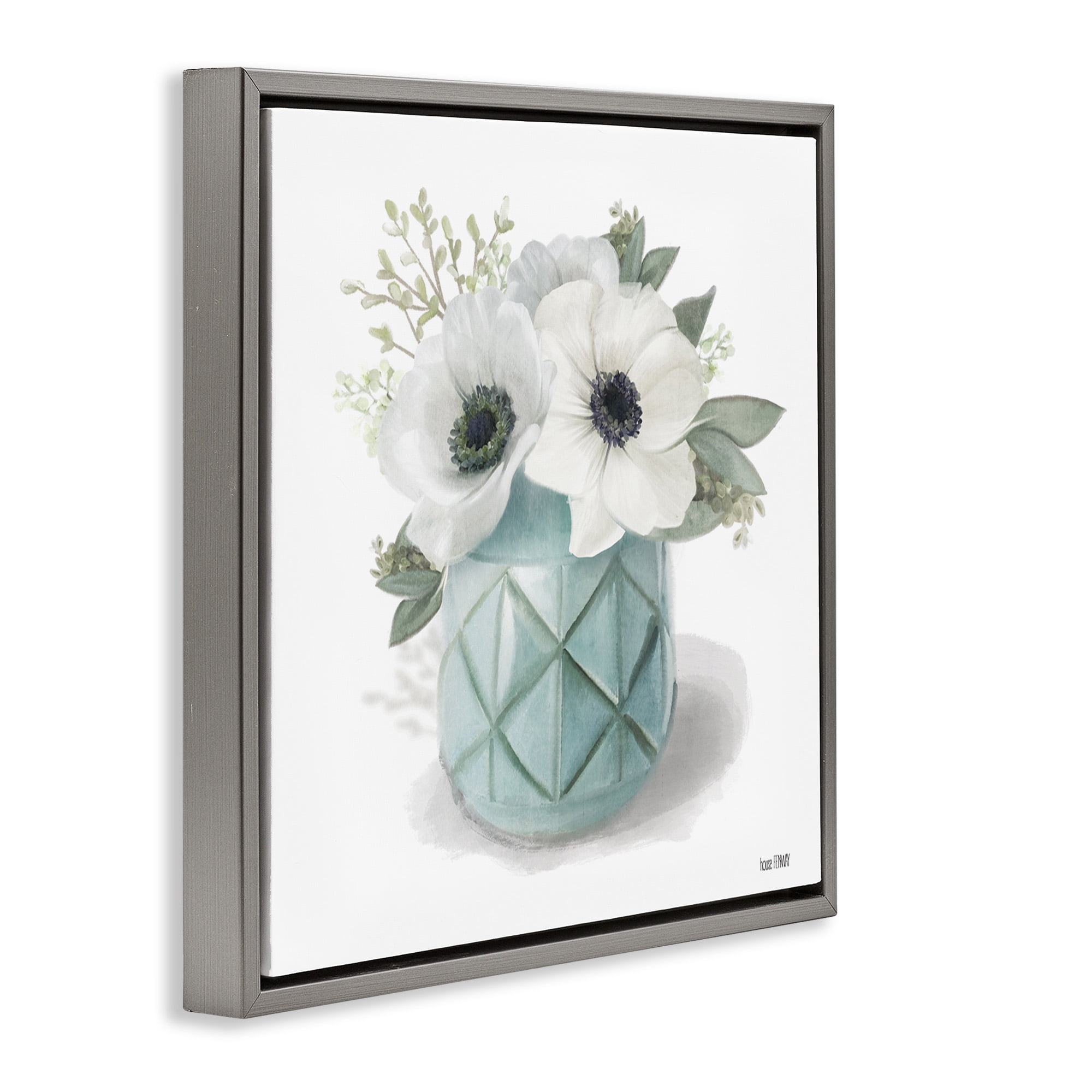 Stupell Industries White Flowers in Turquoise Vase Botanical & Floral Painting Gray Floater Framed Canvas Art Print Wall Art, 18 x 18
