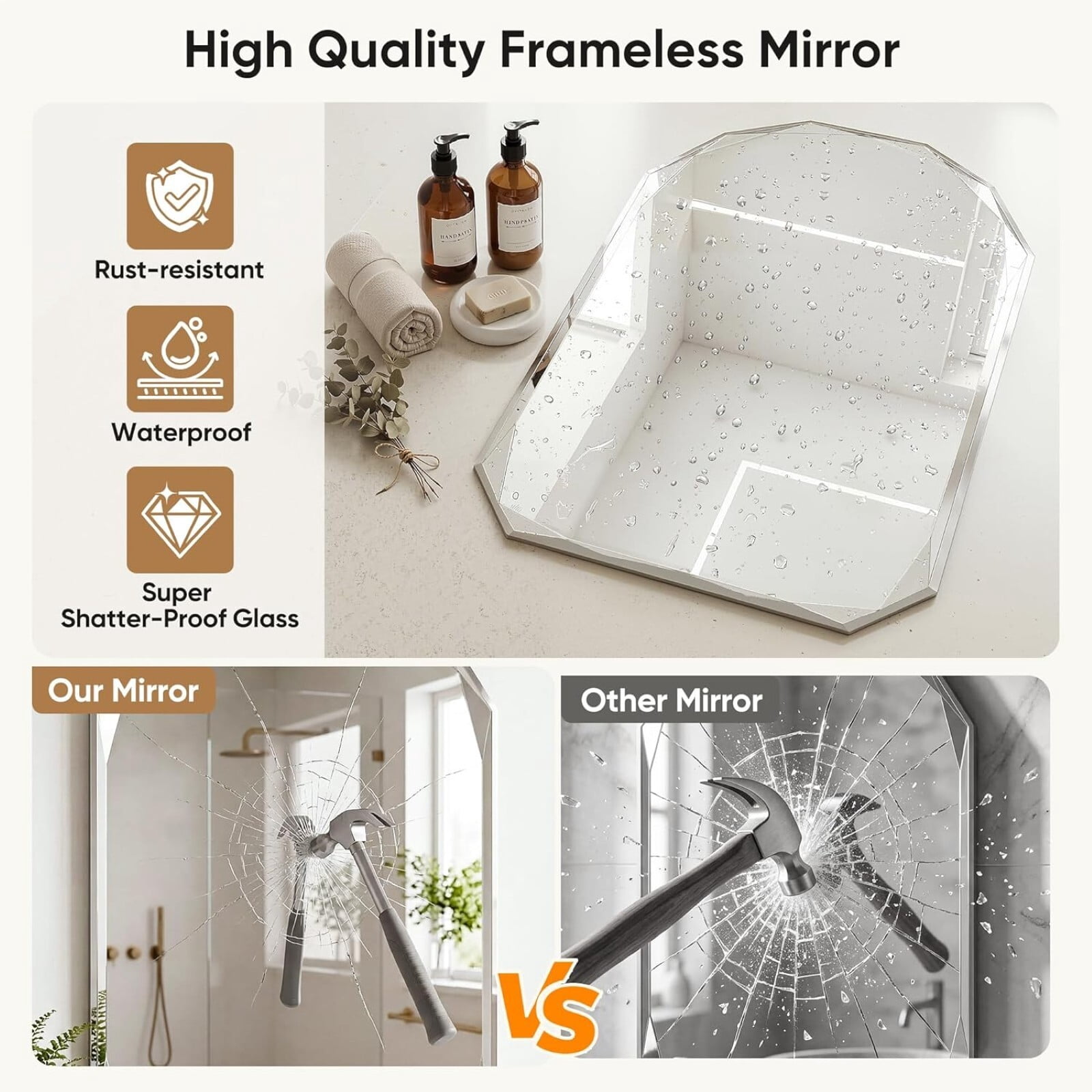 Gleamira 30"x40" Frameless Arched Bathroom Mirror Beveled Diamond Edge Wall Mirror Vanity Decorative Mirror