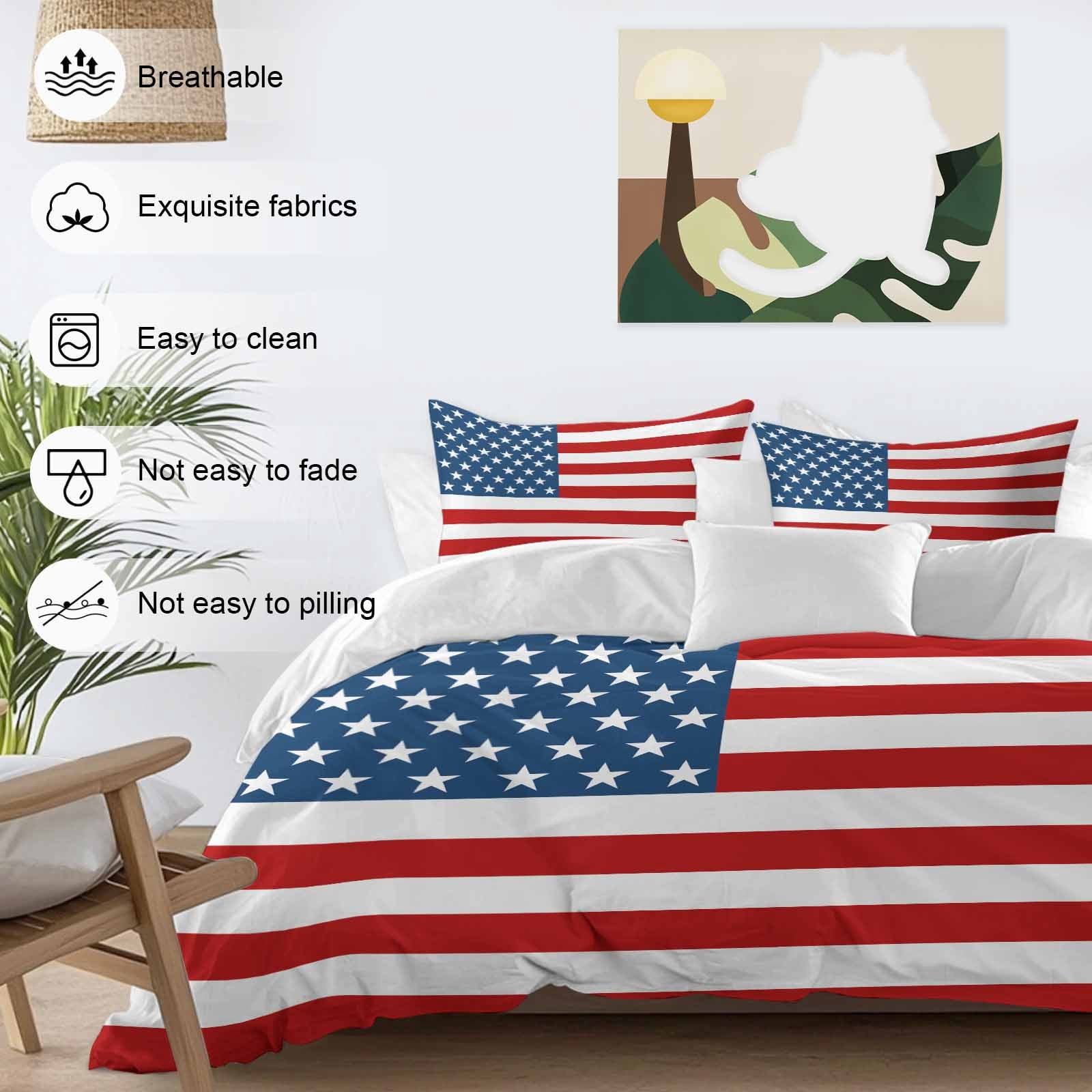American Flag Duvet Cover Set, Blue Red USA Flag Soft Duvet Cover Full Size Bedding Set 4 Pieces, 1 Quiltcover and 2 Pillowcases with Zipper, 1 Bed Sheet for All Seasons