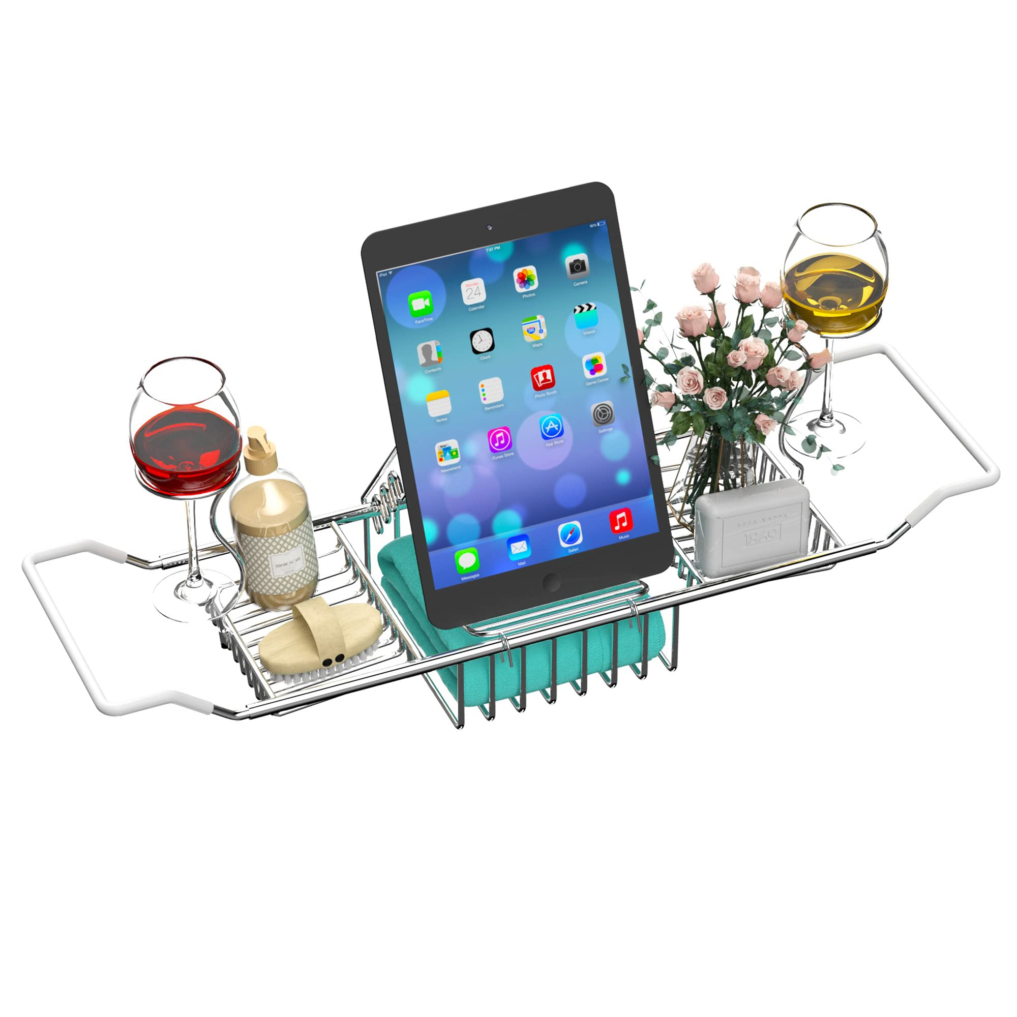 ᐅ【WOODBRIDGE Stainless Steel Extendable Bathtub Caddy Tray in Brushed  Nickel Finish with Removable Wine Holder, Book and Phone Rack,  Bathcad-BN-WOODBRIDGE】