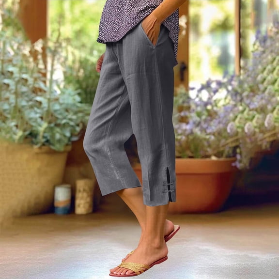 DPTALR Women's Summer Linen Solid Color Elastic Waist Pocket Capri Pants,Gray,Size XXXXL