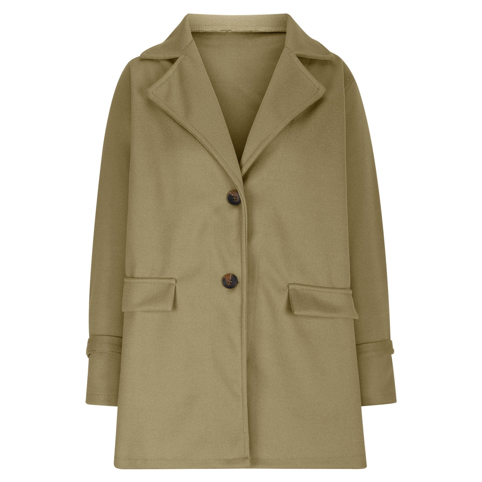 JGGSPWM Women's Wool Blend Coat Fall Lapel Single Breasted Mid Length Trench Jacket Open Front Solid Long Sleeve Peacoat Blazer Overcoat Khaki S