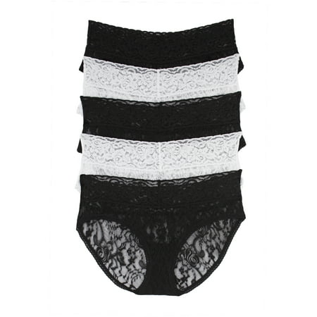 Felina | Signature Stretchy Lace Low Rise Hipster 5-Pack | Panty (Black White  Large)