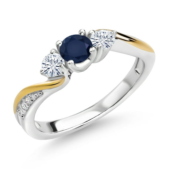 Gem Stone King 925 Silver and 10K Yellow Gold Blue Sapphire Moissanite and Lab Grown Diamond 3 Stone Engagement Ring for Women (0.58 Cttw, September Birthstone, Size 9)