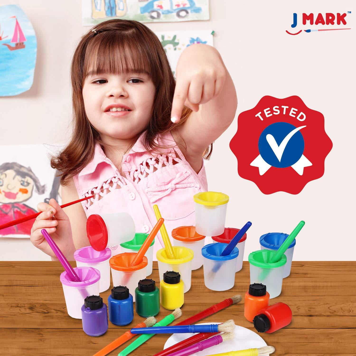 J MARK 43 Piece Toddler Painting Set – Spill Proof Paint Cups for Kids, Washable Kids Paint, Painting Tools, Kids and Toddler Paint Set with Art Smock and More