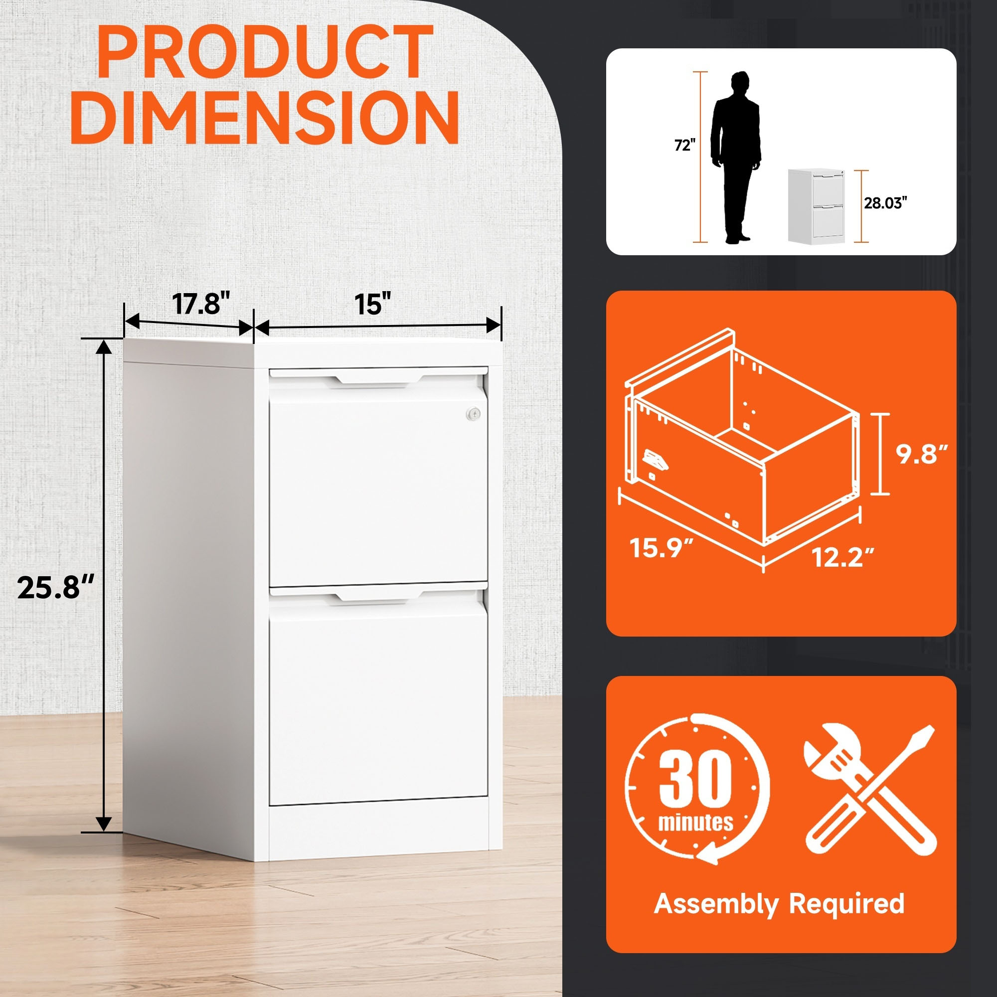 TOPASS 2 Drawer File Cabinet, 17.8" D Metal Filing Cabinets with Lock, Vertical Filing Cabinet for Home Office, File Cabinet for Letter/Legal/A4/F4 Size, Easy Assemble (White)