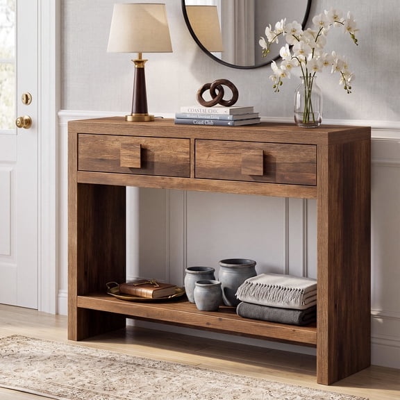 ROGALIS Console Table with Drawers, 40 Inch Narrow Entryway Table with Open Storage Shelves for Living Room