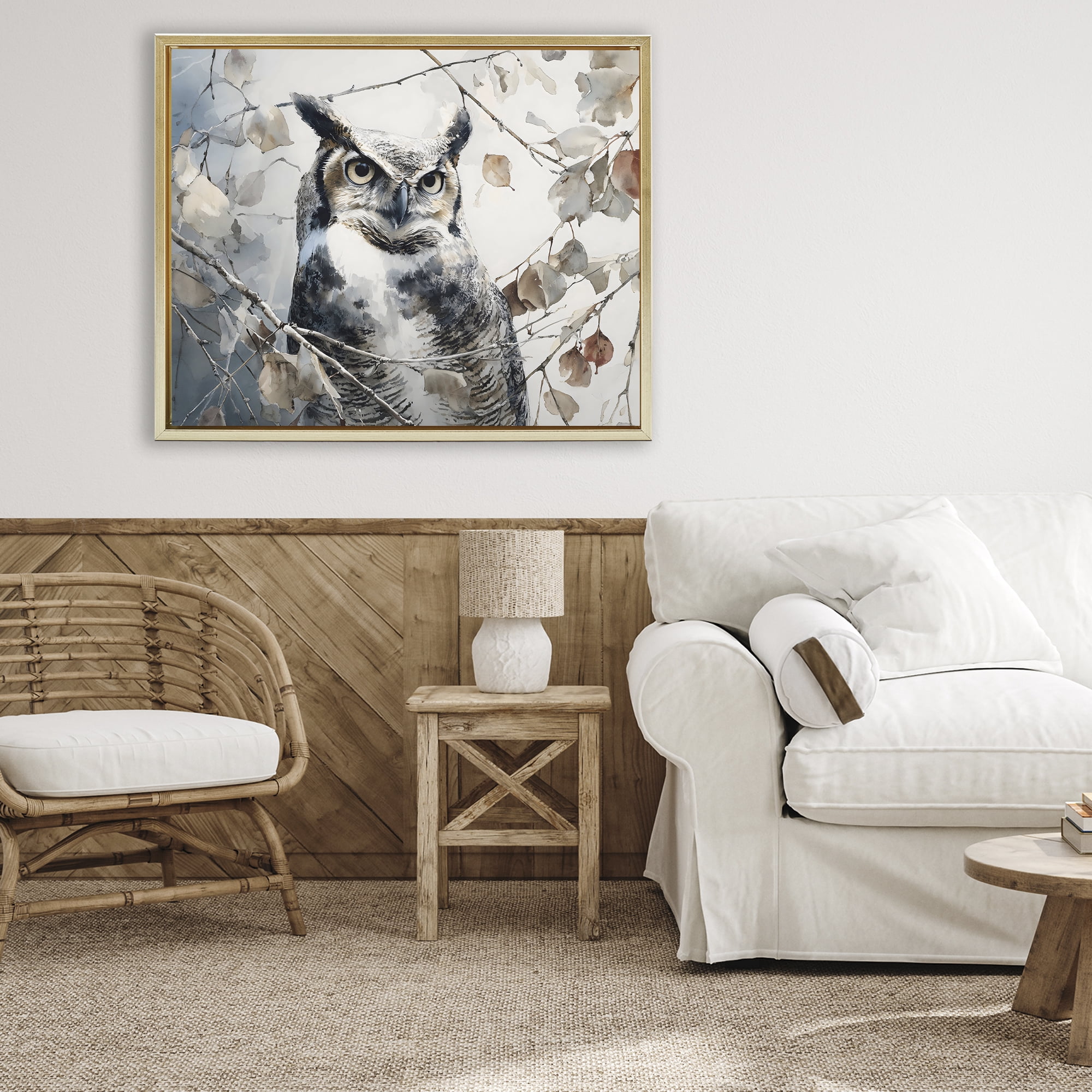 Stupell Industries Horned Owl Perched Gold Framed Floater Canvas Wall Art, design by Franklyn Gregory