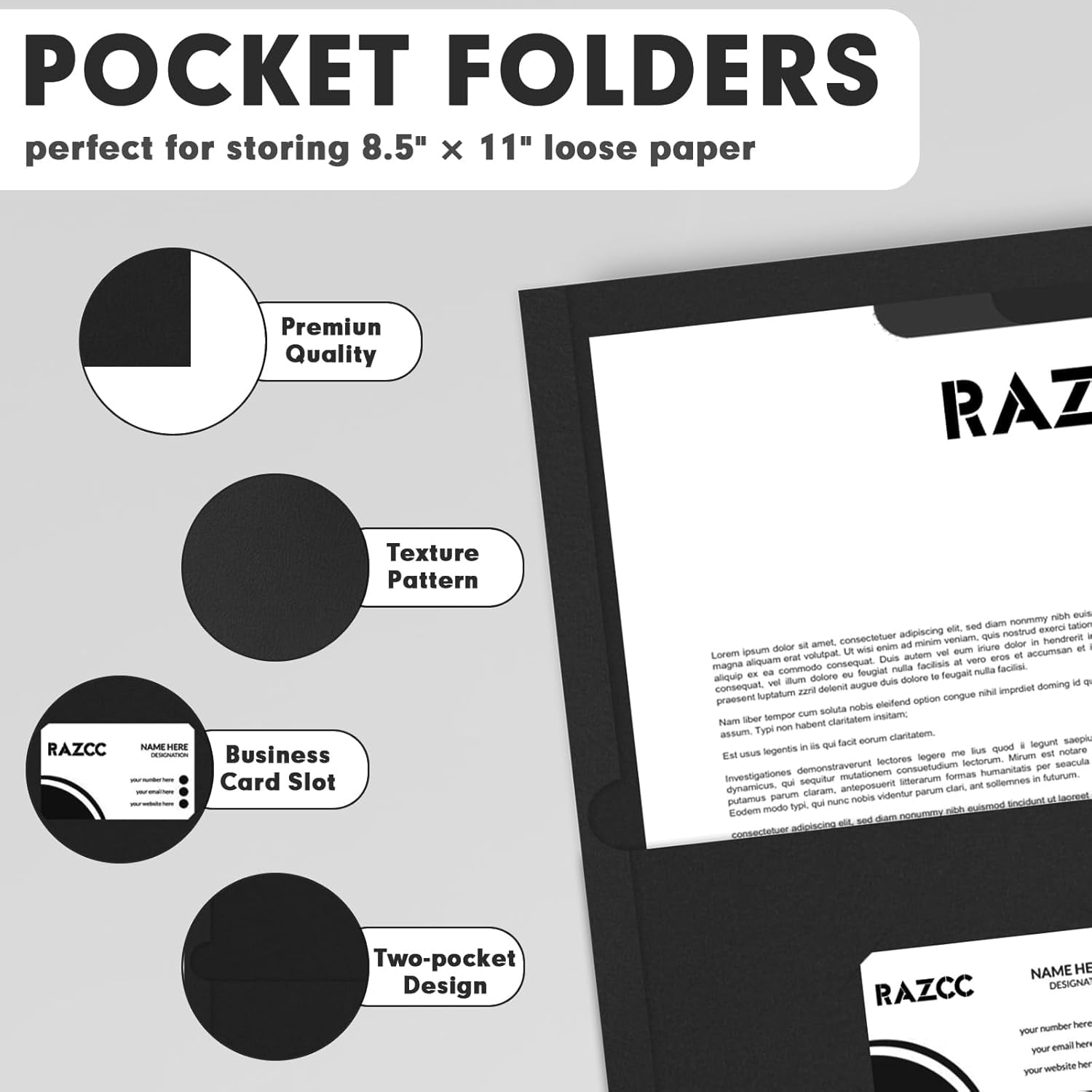 Two Pocket Folders, 50 Pack 2 Pocket Folders Fit Letter Size Paper, Paper Folders with Pockets for School Office Business Home, Black