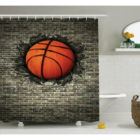 Sports Decor Collection, Basketball Embedded in a Brick Wall Power Training Destruction Image Print, Polyester Fabric Bathroom Shower Curtain Set with Hooks.., By Ambesonne Ship from US