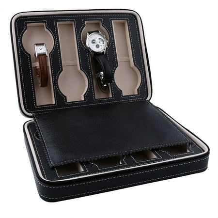 1 Watch Travel Case WALFRONT 8 Grids PU Leather Watch Storage Box Portable Travel Watch Storage Organizer Case Watch Display Box (Black) ()
