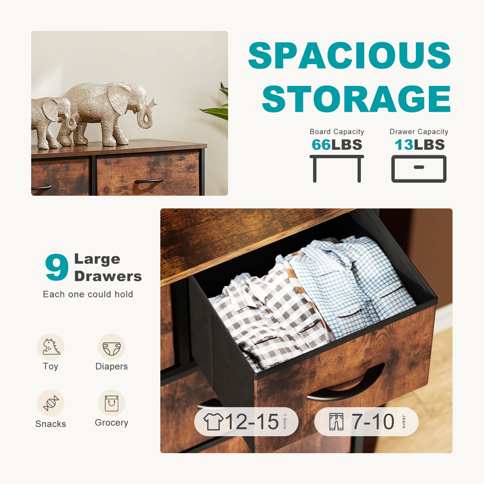 JIOABL 9 Drawer Chest Organizer with Fabric Bins, Dresser for Bedroom, Tall Steel Frame, Rustic Brown