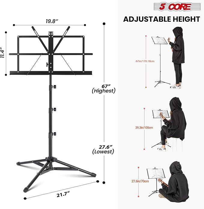 5Core Music Stand For Sheet Music Portable Tripod Adjustable Folding With Lights Note Holder BLACK