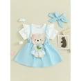 thumbnail image 3 of Bagilaanoe 3Pcs Newborn Baby Girls Overalls Dress Set Short Sleeve Romper Tops + Embroidery Suspender Skirt + Headband 3M 6M 9M 12M 18M Infant Casual Clothes, 3 of 9