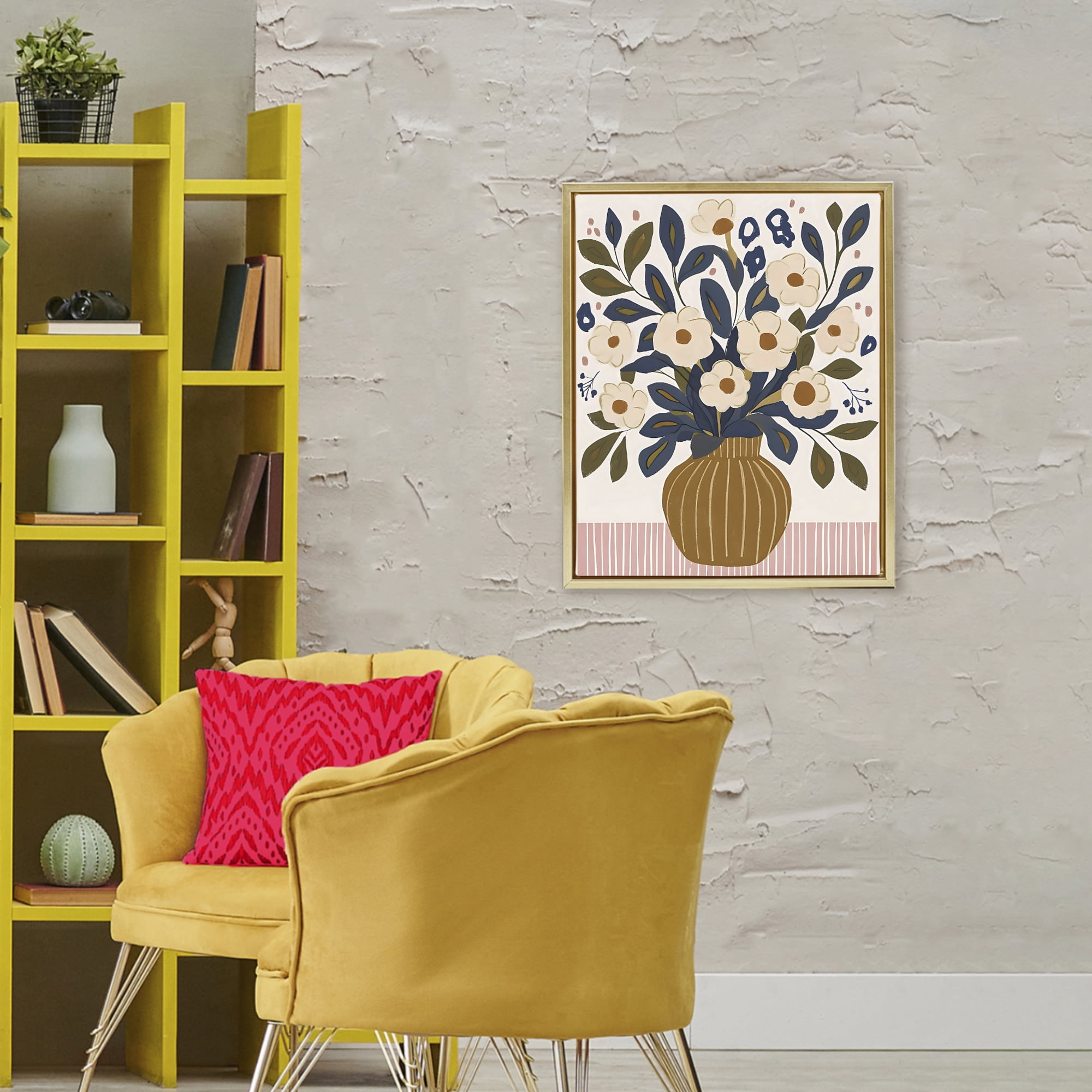 Stupell Industries Boho Floral Vase with Stripes Gold Framed Floater Canvas Wall Art, design by Creative Studio