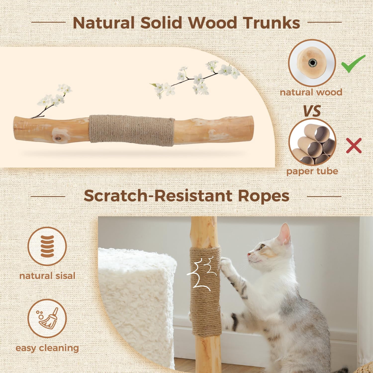Natural Wood Cat Tree with Wicker Basket and Hammock, 40 Inch Tall Cat Tower with Cozy Condo, Scratching Posts for Indoor Cats, Beige