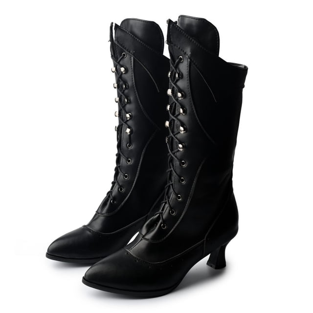 Babysbule Bottes pour Femmes Chaussures d'Hiver Chaudes à Talons Hauts Style Rétro Britannique Couleur Unie Lacets Pointus Mi-Mollet Chevalier