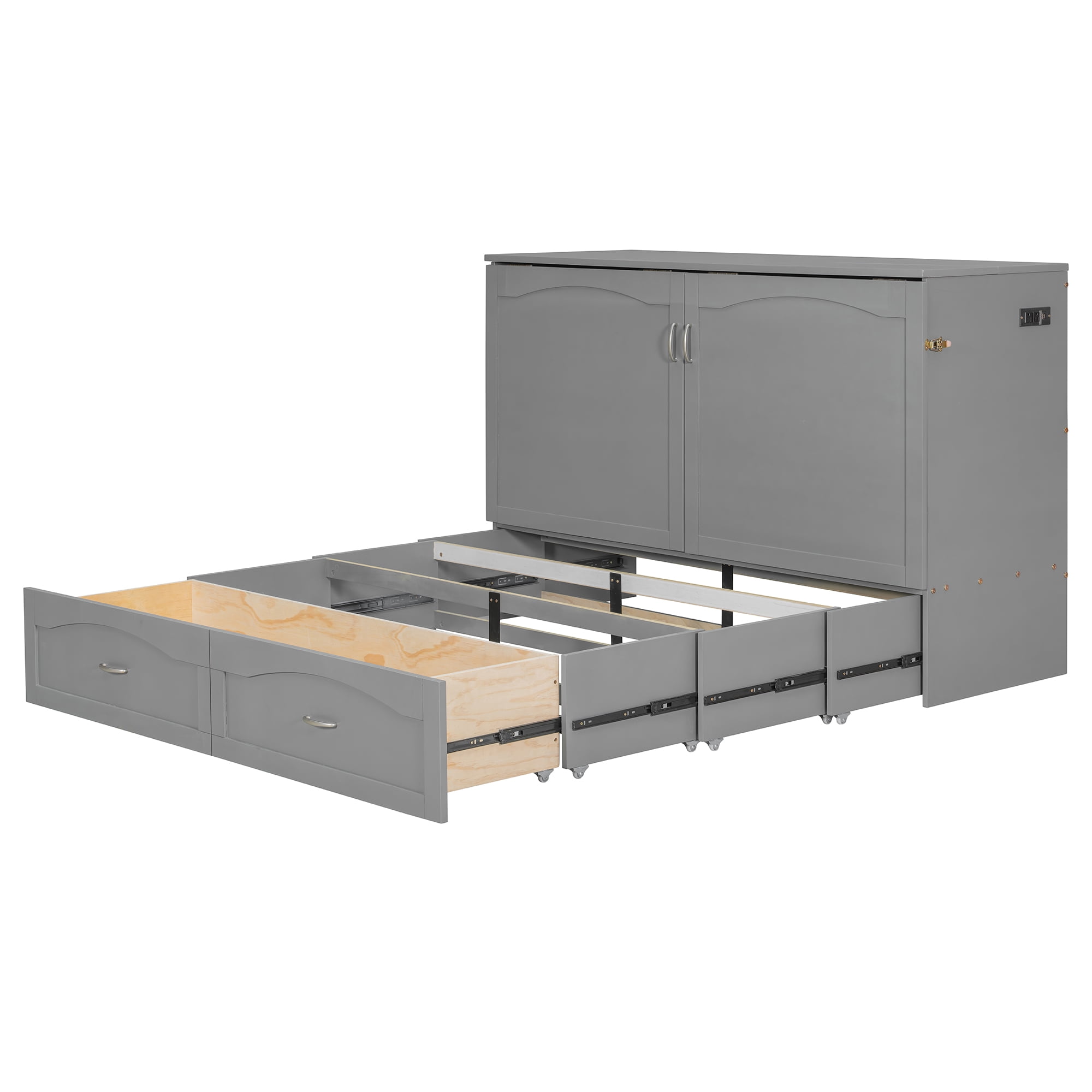 Mintazer Queen Size Murphy Bed with Drawers & Charge Station, Foldable Cabinet Wall Bed for Guest Room Home Office Small Apartment, Gray