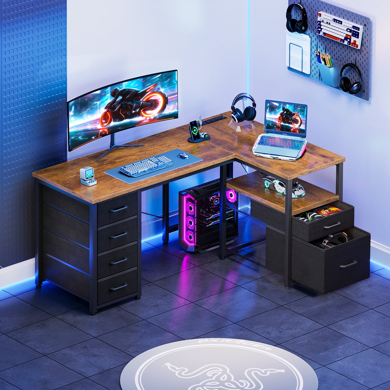 Casacomoda 55 inch Computer Desk with 5 Drawers and File Cabinet for Storage, Office Desk with Storage Shelf & Power Outlets, Home Office Desks, Vintage