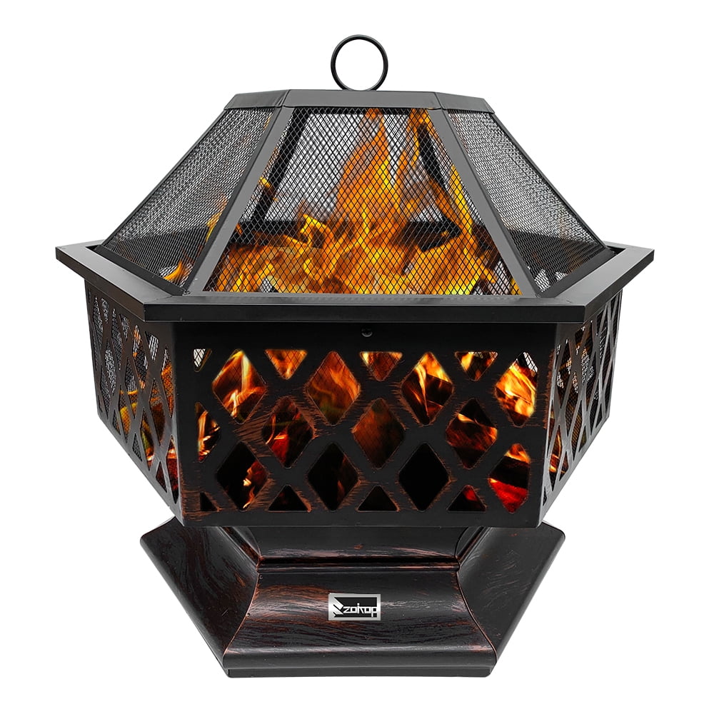 Outdoor Wood Burning Fire Pit, 25" Hexagon Metal Fire Pit for Patio