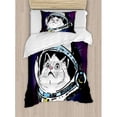 thumbnail image 3 of Outer Space Duvet Cover Set Queen Size, Kitten in Astronaut Hat Looks at Cosmic Rays UFO Universe Celestial Theme, Decorative 3 Piece Bedding Set with 2 Pillow Shams, Purple White, by Ambesonne, 3 of 3