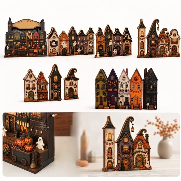 Wooden Halloween Village Tabletop With Country Style For Decor House Rustic Fall Tray Haunted Town Centerpiece, Halloween Craft Decorations, Creative Gift, Halloween Decor ,1pcs, A