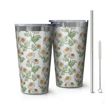 16oz Tumblers Light Gray Daisy Flower Pattern Stainless Steel Vacuum Insulated Double Wall Travel Tumbler Cups Mug with Lid and Straw,Cleaning Brush for Coffee,Tea