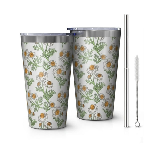 16oz Tumblers Light Gray Daisy Flower Pattern Stainless Steel Vacuum Insulated Double Wall Travel Tumbler Cups Mug with Lid and Straw,Cleaning Brush for Coffee,Tea
