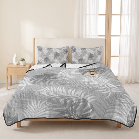 3 Pieces Queen Quilt Set,Grey Palm Leaves Monstera Leaf Soft Bedding Sets with 1 Quilt & 2 Pillow Shams,Vintage Tropical Leaves Summer Bedspread Lightweight Coverlet Comforter for All Season