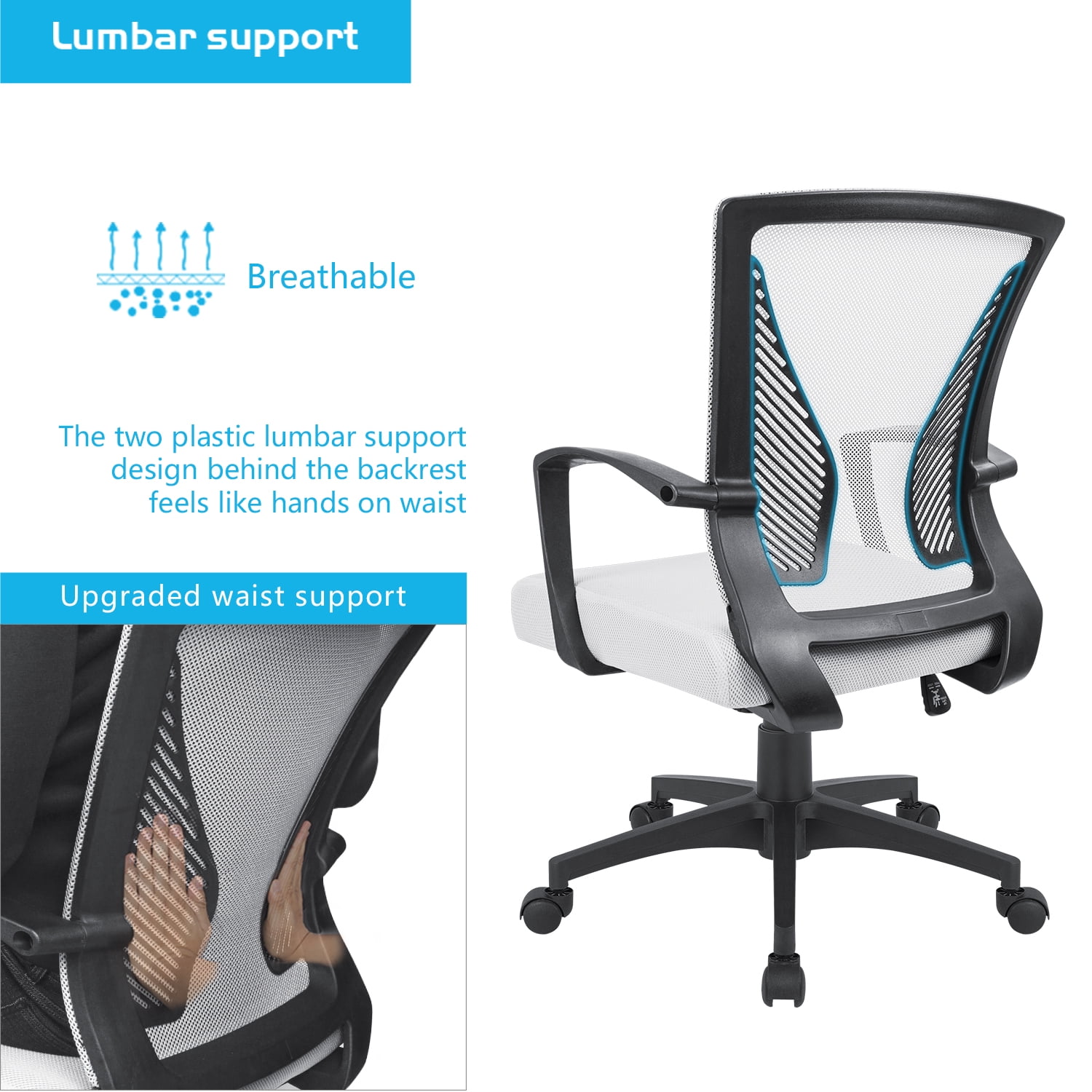Lacoo Mid-Back Office Desk Chair Ergonomic Mesh Task Chair with Lumbar Support, White