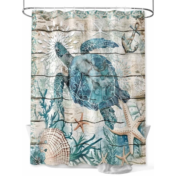 Teal Sea Turtle Coastal Standard Shower Curtain Set, Waterproof Shower Curtains for Bathroom, Summer Beach Nautical Starfish Retro Washable Fabric Bath Curtain for Bathtub with Hooks 72x72 Inches
