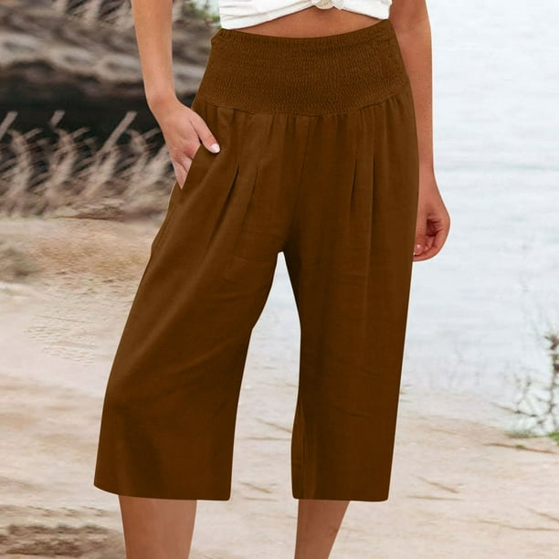 Jsaierl Plus Size Linen Capris for Women Summer Elastic Waist Loose Fit ...