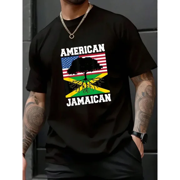 Men's American Jamaican Heritage Graphic T-Shirt Short Sleeve Roots Pride Tee Black