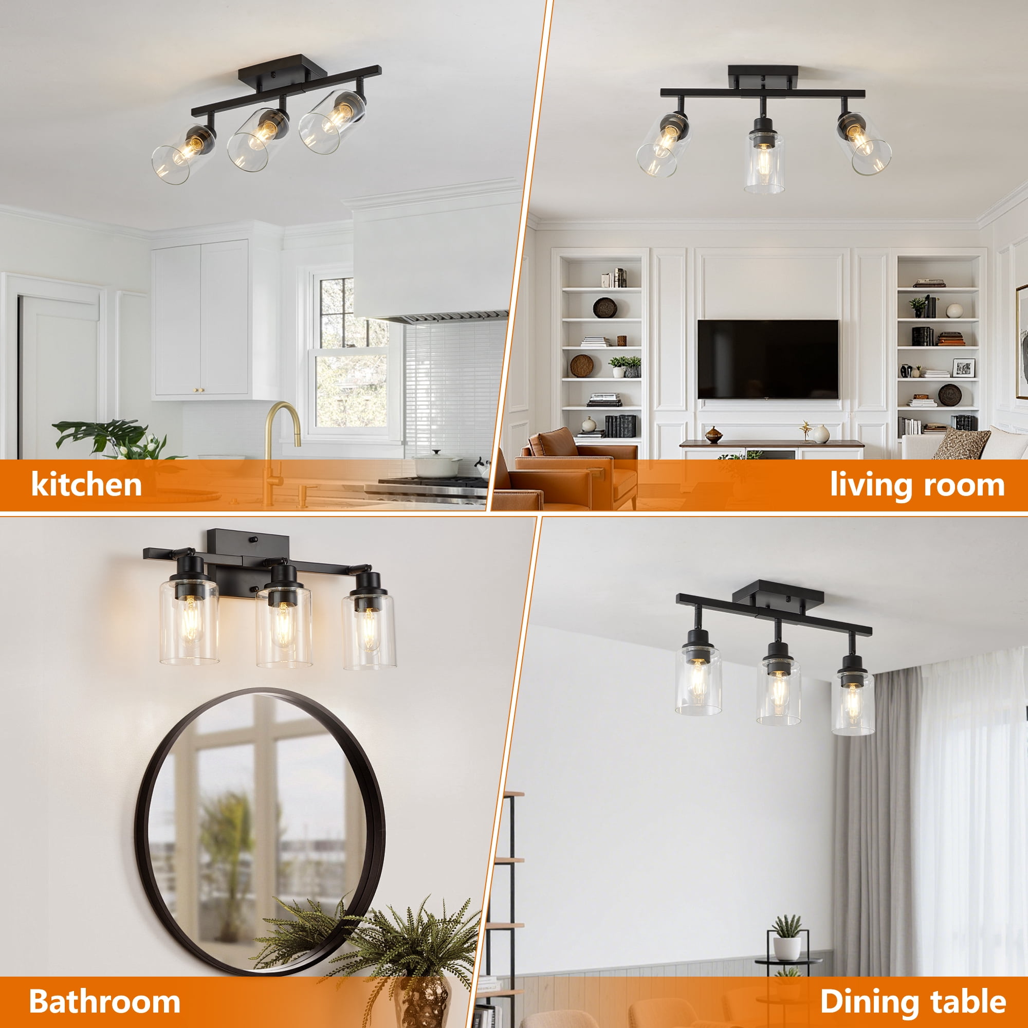 Leumius 3-Light Semi Flush Mount Ceiling Light, Adjustable Kitchen Light Fixtures Ceiling Mount with Clear Glass Shades, Rotatable Black Track Lighting Fixtures for Hallway, Foyer, Bedroom(No Bulbs)