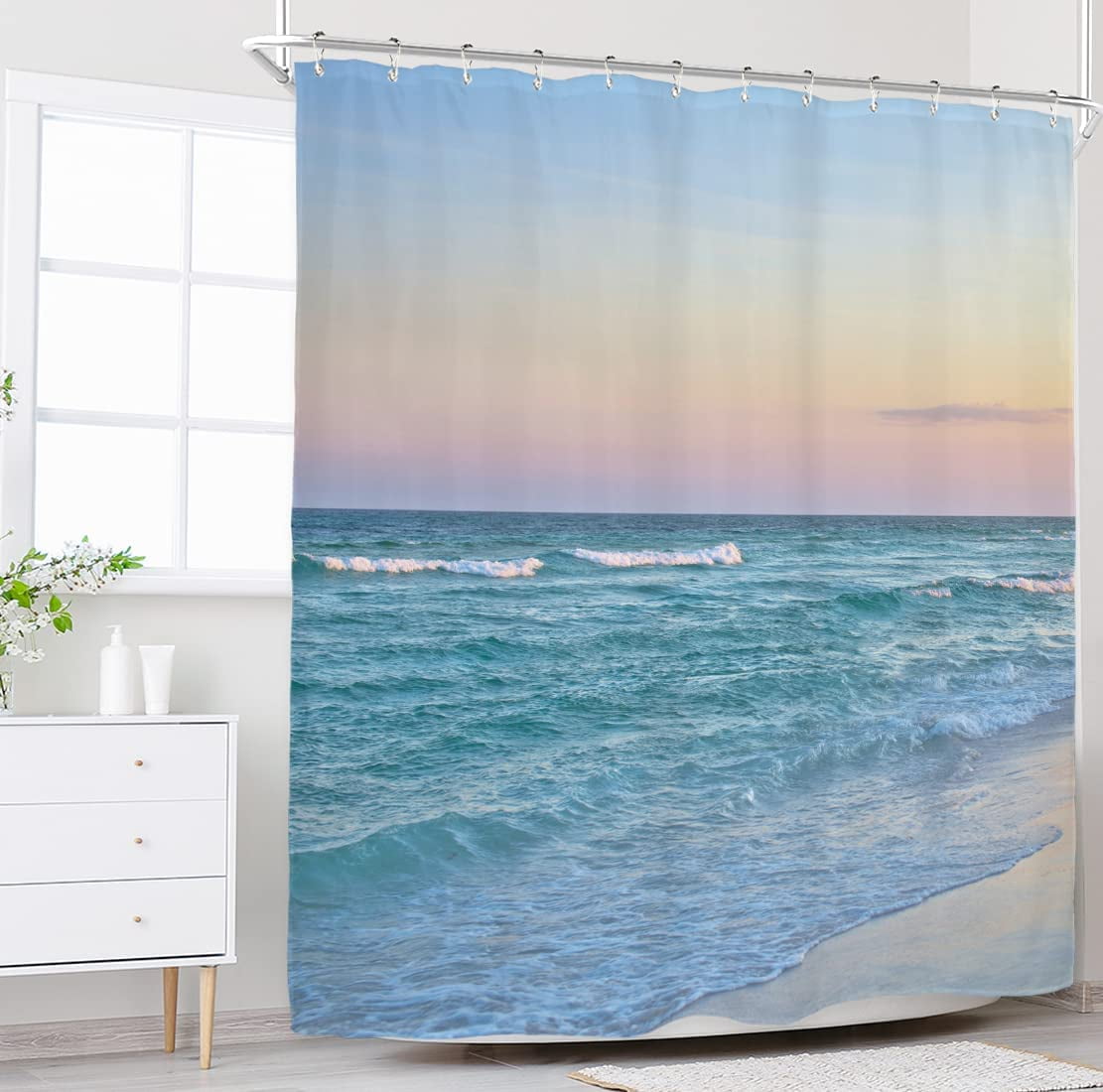 Beach Sea Shower Curtain for Bathroom Decor 72Wx72H Ocean Waves Blue Pink Tropical Coastal Seaside Scene Island Hawaiian Art Printed Fabric Polyester Waterproof 12 Pack Plastic Hooks